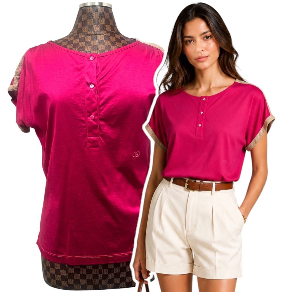 Vtg Gucci Pink Cotton Top M GG Logo Made in Italy Short Sleeve 80s 90s Blouse